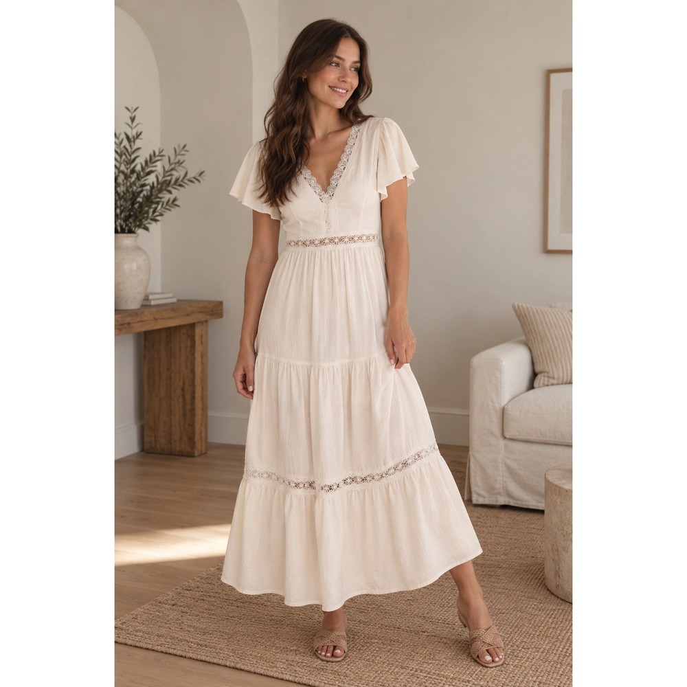 Petal and Pup Minny Maxi Dress Cream Lace V-Neck Flutter Sleeve Tiered Boho S